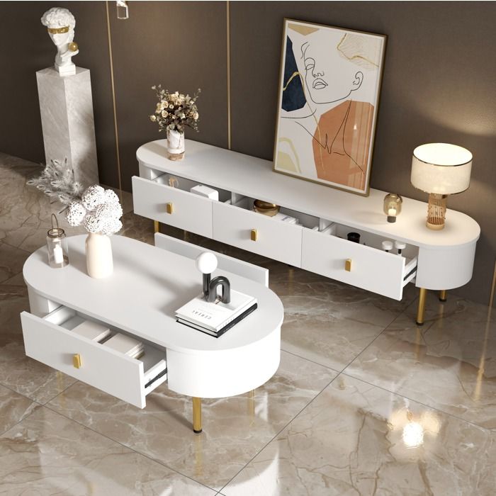 Meuble TV et table basse pour salon blanc et or en MDF bords arrondis tiroirs 174x35x41 cm TYNQER