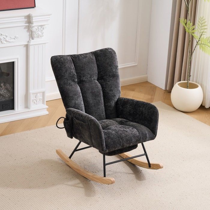 ROVRYN Fauteuil à bascule intérieur 1 place dossier haut accoudoirs repose-pieds chenille noir