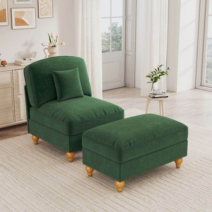 Fauteuil lounge en chenille verte tablier à volants amovible repose-pieds mobile pieds fuselés assise profonde salon