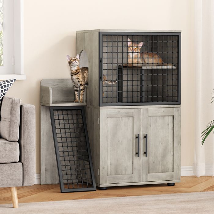 Armoire cache bac à litière 2 étages pour chat – Plateforme et échelle – Convient bac 56 x 43 cm – Ventilation – Gris