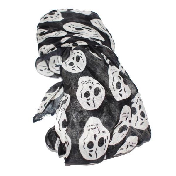 GRAND FOULARD ECHARPE NOIR MOTIF TETE DE MORT CRANE BLANC 