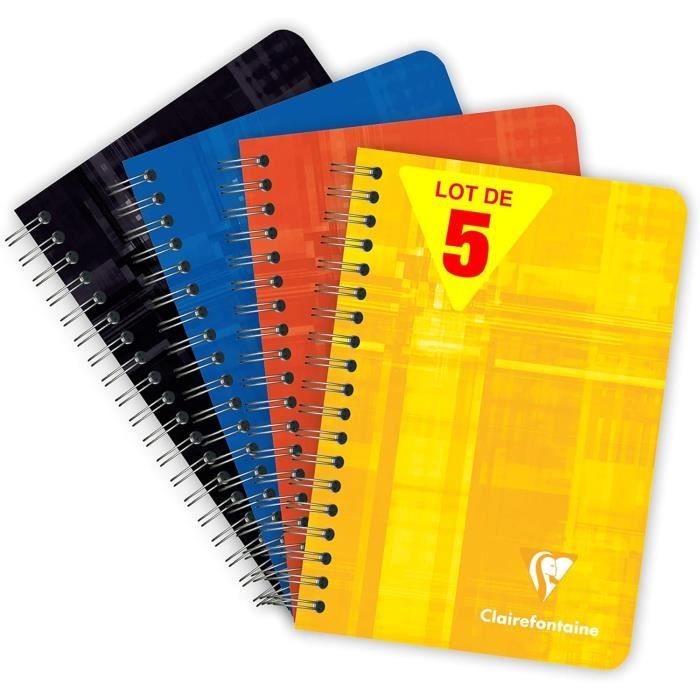 Clairefontaine Lot De 5 Carnets à Spirale 9x14 Cm - 180 Pages Lignées - Papier 90g - Couleurs Aléatoires
