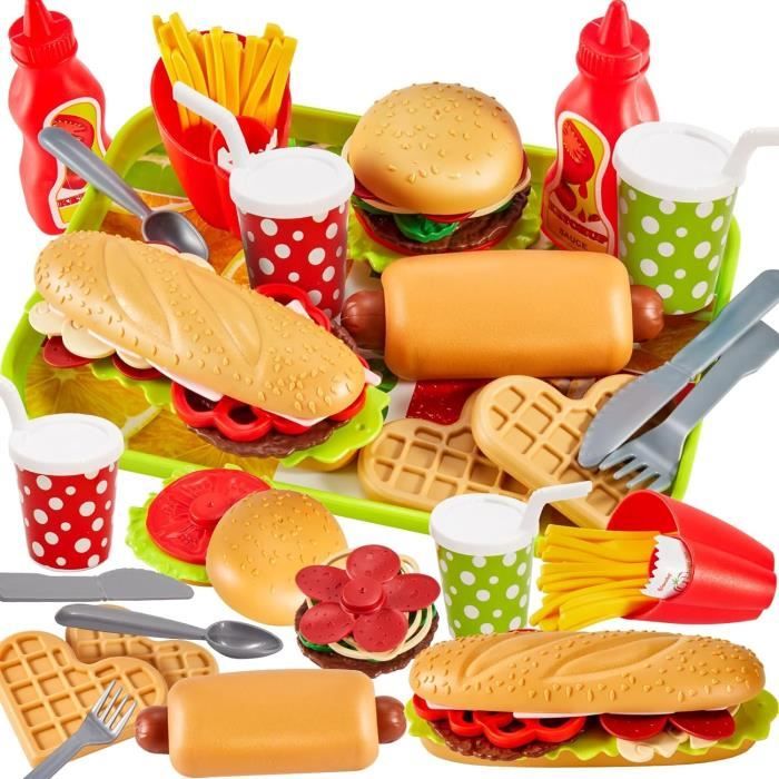 Dinette Enfant Hamburger Jouet Aliment Cuisine avec Plateau Frites Hot-Dogs, Jeu d'imitation 3 4 5 Ans