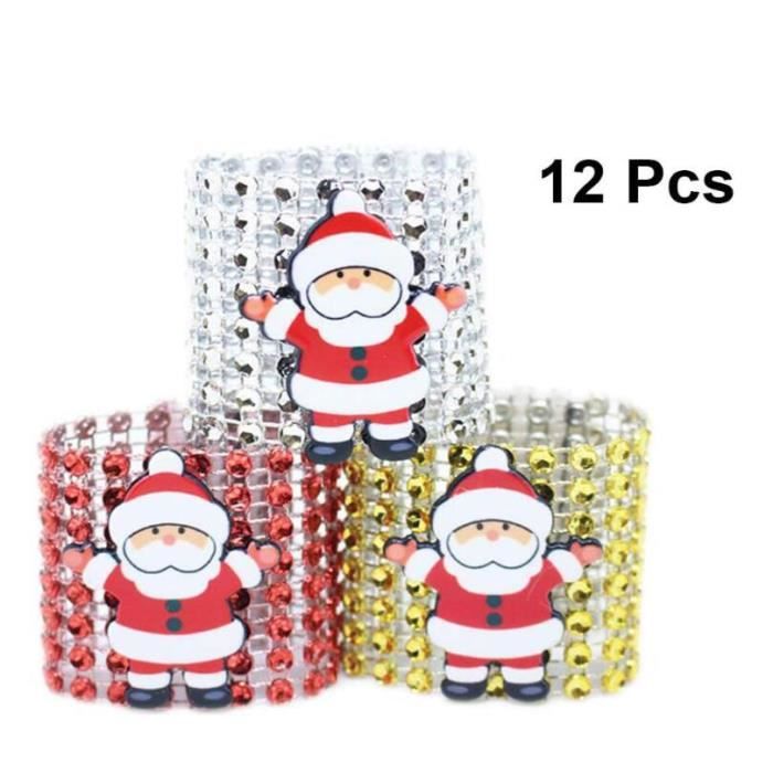 12 Anneaux De Serviettes De Noël - Décorations De Table Père Noël (rouge, Or, Blanc)