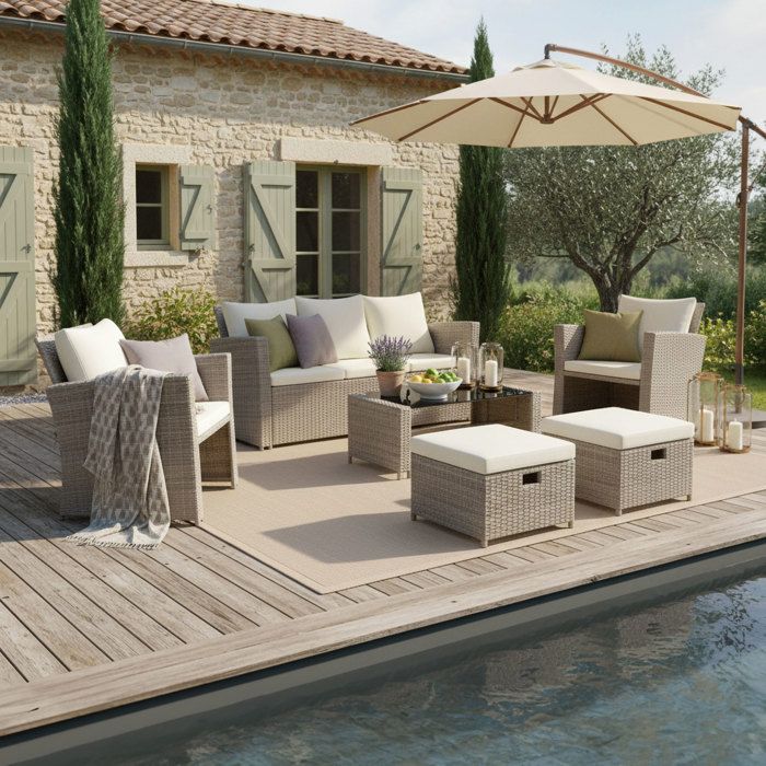 Salon de jardin résine tressée 7 places + table basse rectangle
