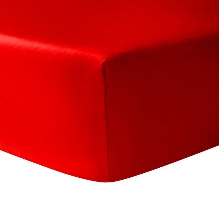 Drap housse - ROUGE - 180 x 200 cm - 100% coton - 30 cm dépaisseur - Lavable en machine
