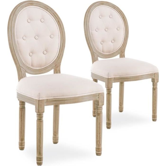 Lot de 2 chaises médaillon capitonnées Louis XVI tissu Beige Lot de 2 chaises médaillon capitonnées Louis XVI tissu Beige