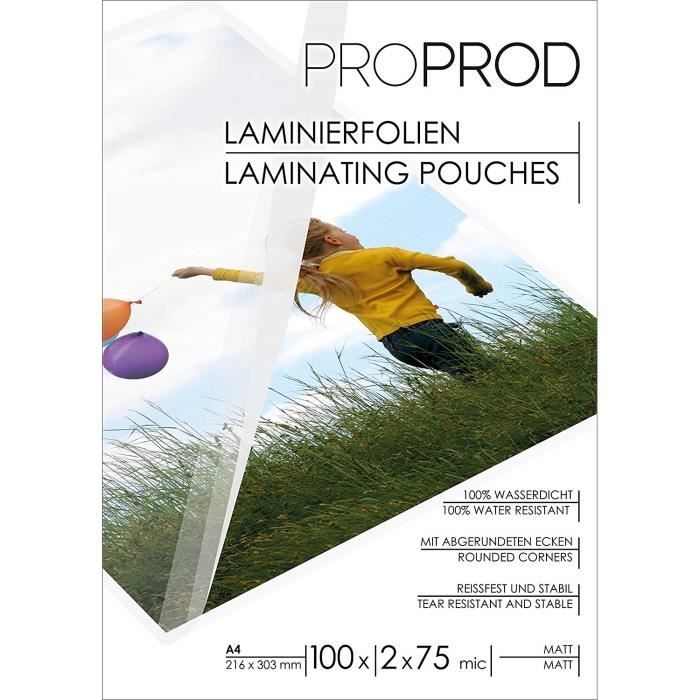 PROPROD Premium Pack de 100 Pochettes de plastification A4 75 microns finition brillante Transparent 
