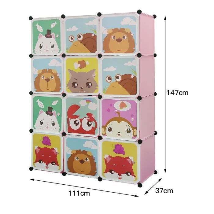 YIS Armoire Plastique Modulable Organisateur Vêtements Enfant Meuble Rangement Portable 12 Cubes 2 Tringle 111x 37x 147cm