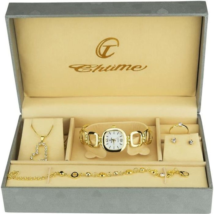 coffret cadeau montre femme or- parure  de bijoux- collier-bague- boucles d'oreilles - bracelet