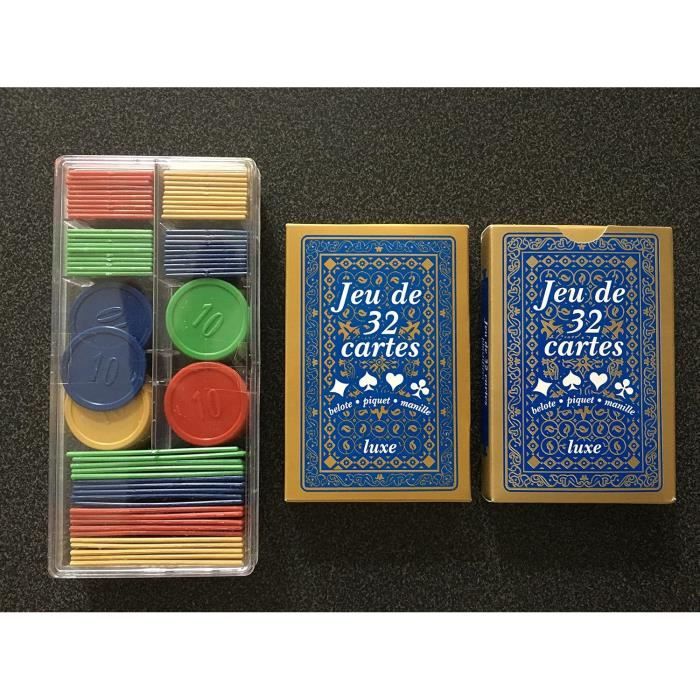 Lot De Deux Jeux De 32 Cartes + 100 Jetons Poker, Belote, Piquet, Manille, Coinche, Bataille