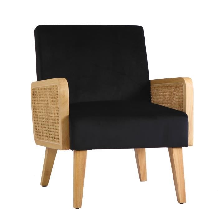 fauteuil en cannage et velours noir - deko & co - fa37001 - accoudoirs - confortable - élégant