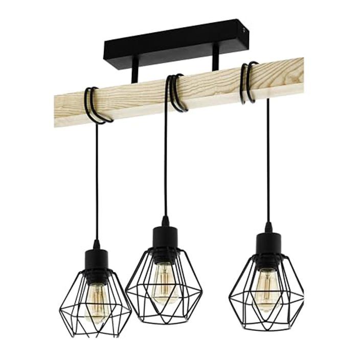 Suspension luminaire - EGLO - Townshend 5 - 3 lampes E27 - Bois massif & acier noir - Abat-jours métal vintage Suspension luminaire - EGLO - Townshend 5 - 3 lampes E27 - Bois massif & acier noir - Abat-jours métal vintage
