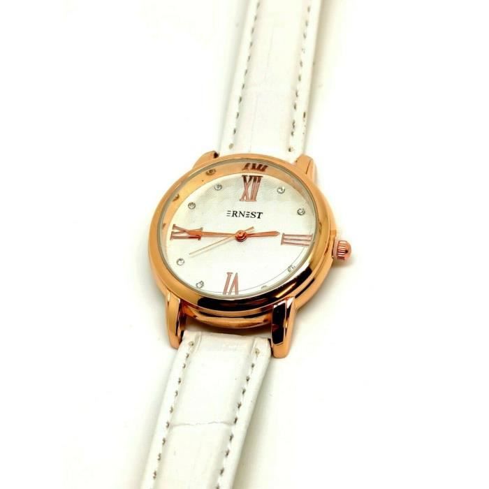 Montre Femme Ernest Quartz - Cadran Chiffres Romains, Bracelet Cuir Blanc, Boîtier Rose Gold