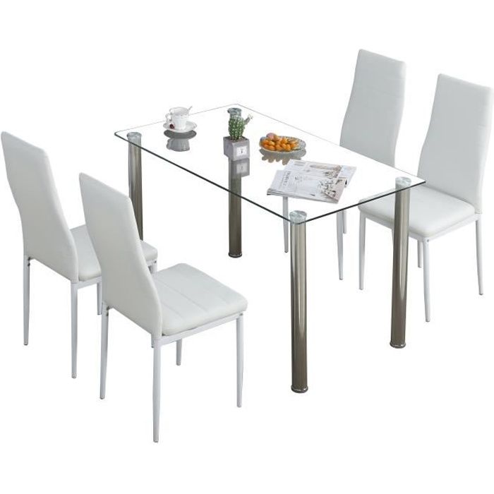 Lot de 4 chaises de salle à manger en simili, Chaise de cuisine,cuir artificiel, Style contemporain, Blanc, 4 pcs-Mondeer