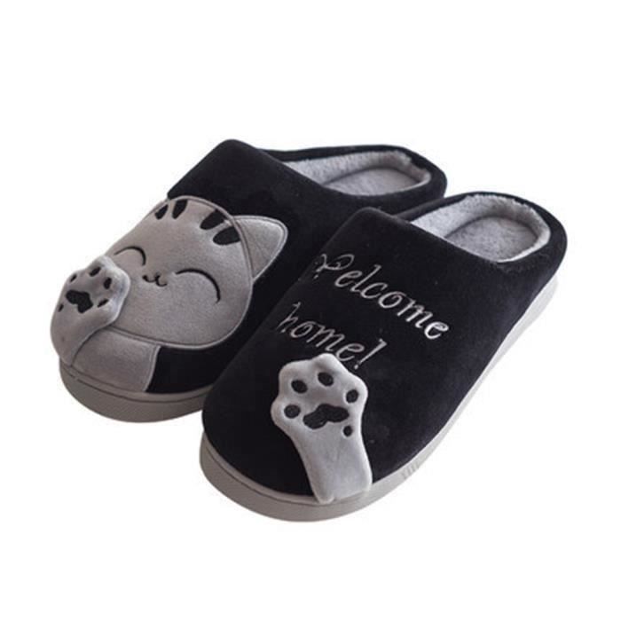Chausson Homme Chat Noir FUNMOON Confortable et Chaud en Peluche