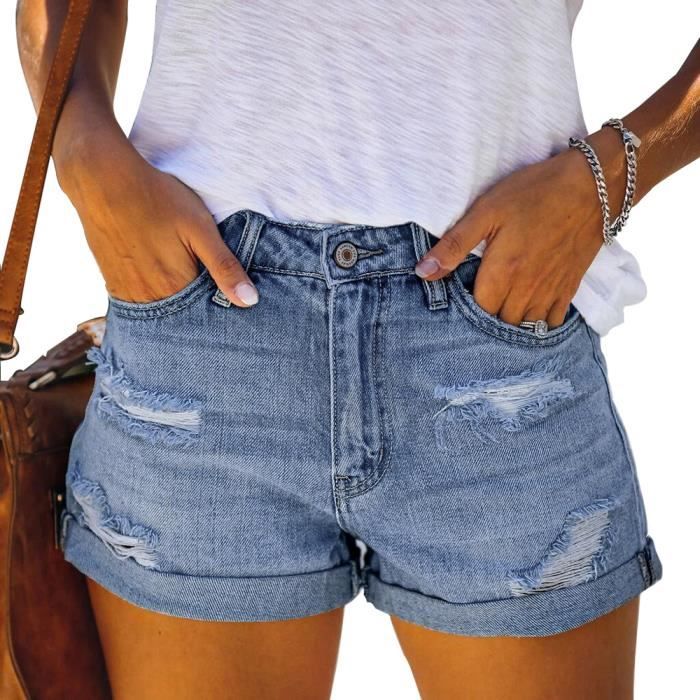 FUNMOON Short En Jean Taille Haute Effiloché Ourlet Brut Plié Femme Short En Jean Déchiré Franges Taille Haute