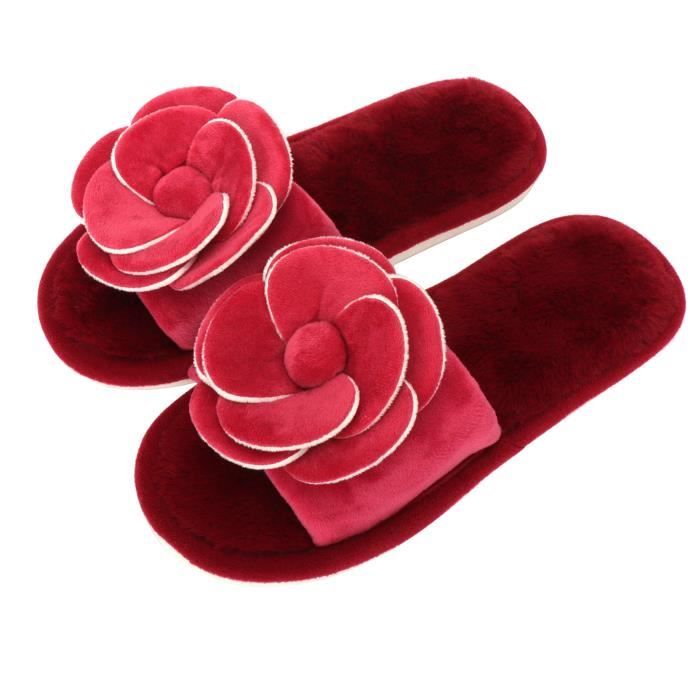 Chausson Ouvert Femme Claquette Fourrure Marque Rouge Doublure en Velours Antiderapante
