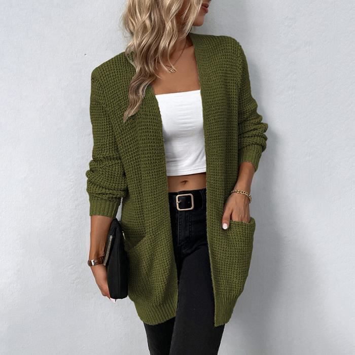 Gilet long droit col ouvert vert fonce femme