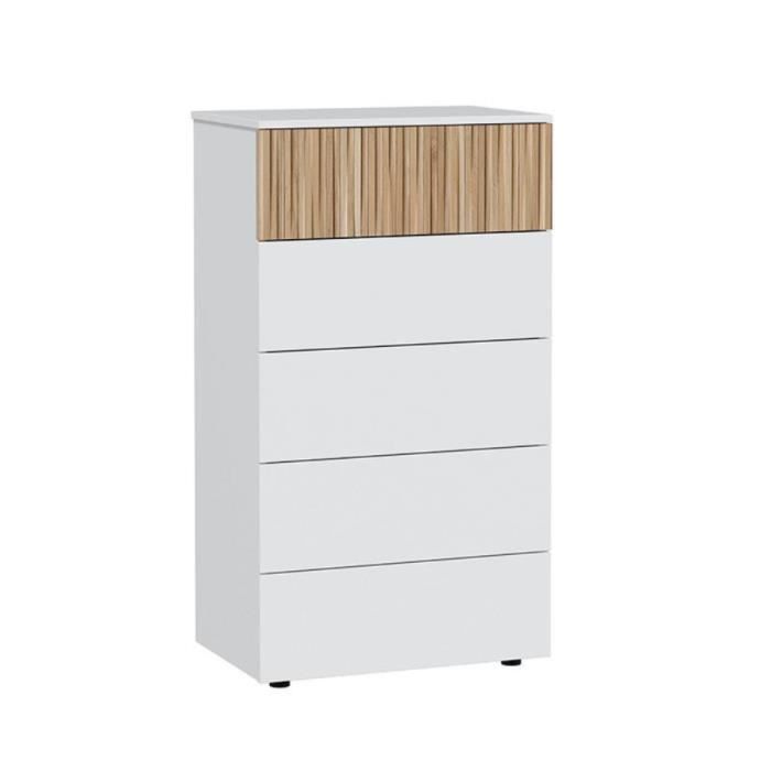 chiffonnier, meuble de rangement avec 5 tiroirs coloris blanc artic, naturel - longueur 61 x hauteur 109 x profondeur 40 cm