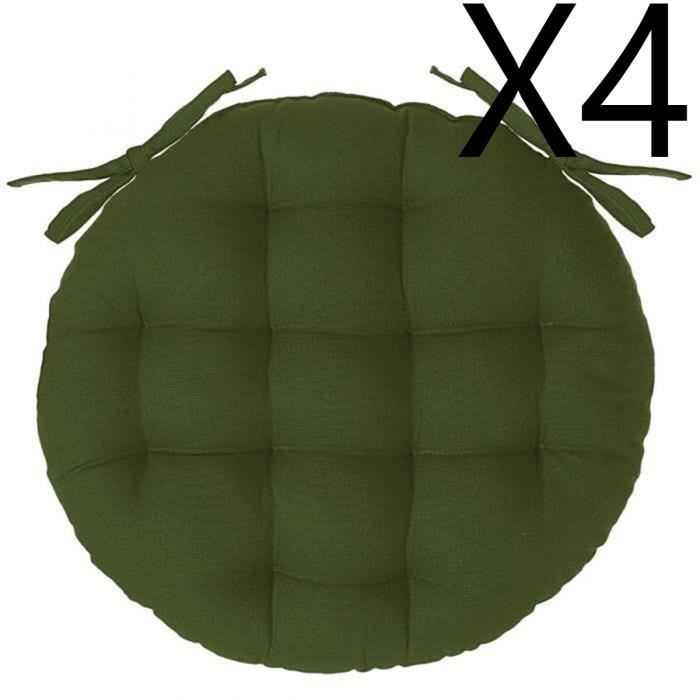 Lot de 4 galettes de chaise rondes coloris vert Kaki en coton - Diamètre 38 x hauteur 65 cm Lot de 4 galettes de chaise rondes coloris vert Kaki en coton - Diamètre 38 x hauteur 65 cm
