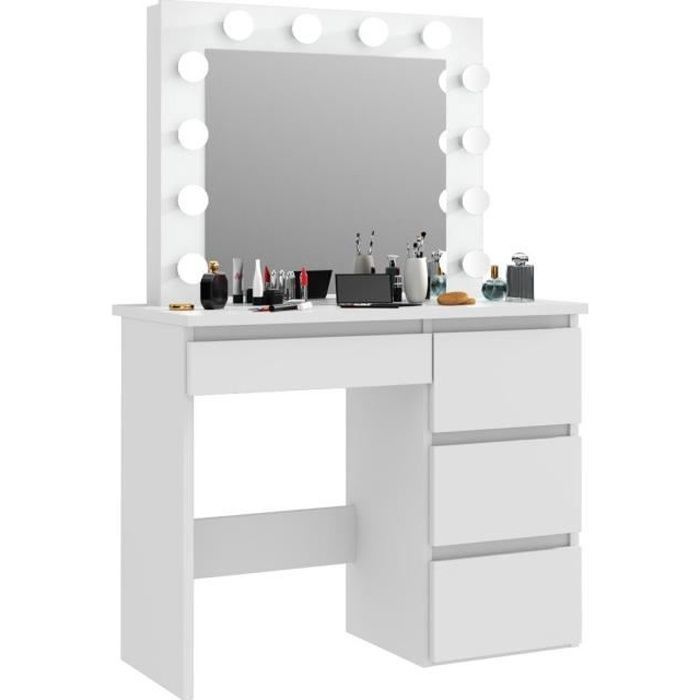 Coiffeuse avec 4 tiroirs et miroir LED coloris blanc - H75 x L94 x P43 cm