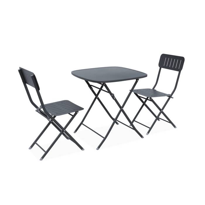 Table de jardin type bistrot pliable anthracite avec 2 chaises également pliables en acier galvanisé robuste