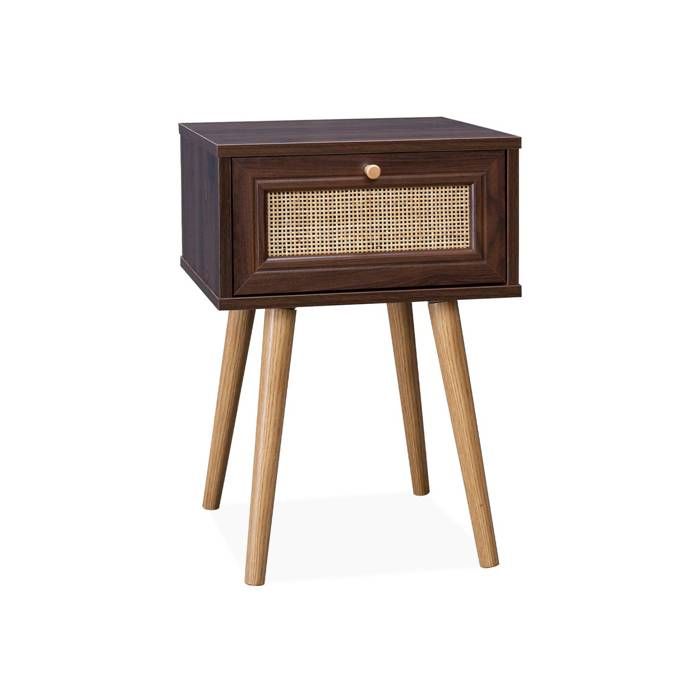 Table de chevet décor bois & cannage avec 1 tiroir - coloris bois foncé - Bohème