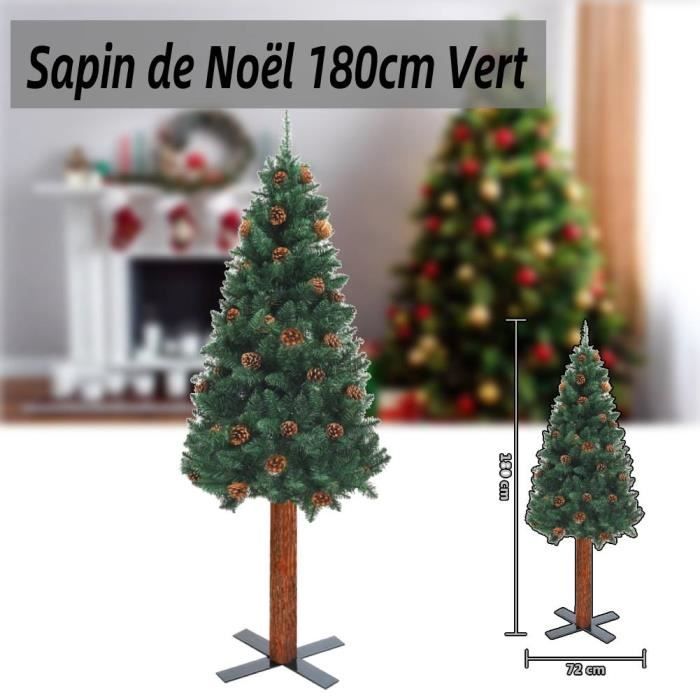 Sapin de Noël mince avec bois véritable et cônes Vert - 180cm PVC
