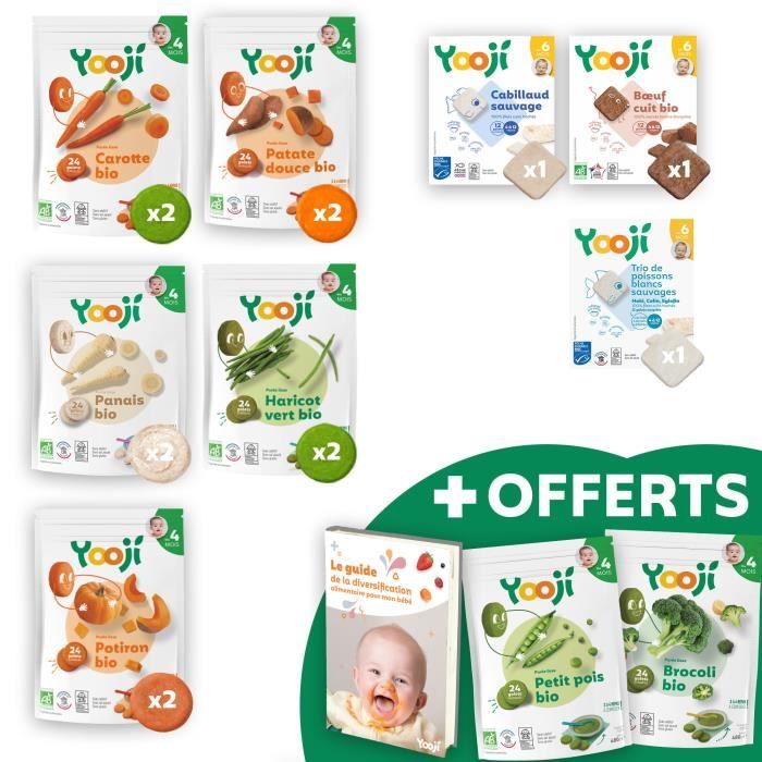 Yooji- Repas bio alimentation bébé 6 mois –Panier 1 mois  purées,légumes,viandes,poissons(livre diversification + 2 sachets offerts)  - Achat / Vente légumes cuisinés Yooji- Repas bio alimentation bébé 6 mois  –Panier 1 mois