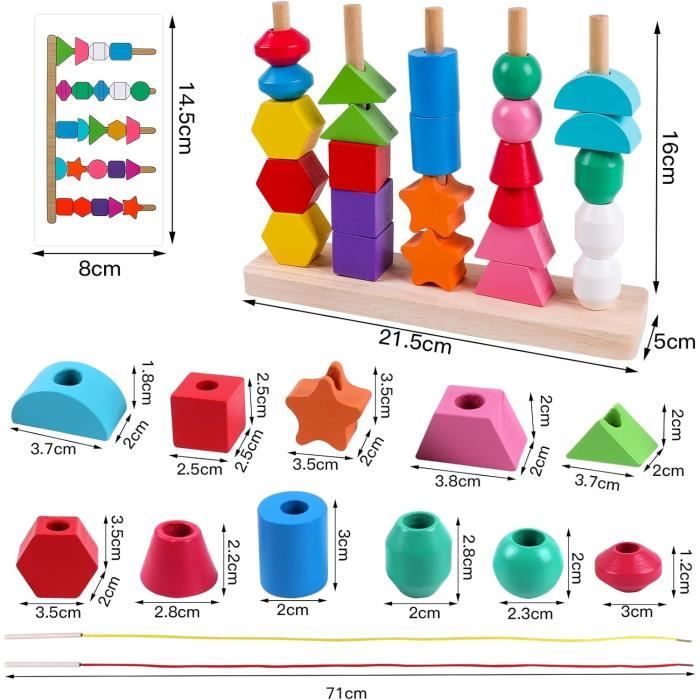 Ainiv Jouet Montessori 3-en-1 – Enfilage De Perles, Empilage, Tri – Coffret En Bois Avec Cartes – Dès 2 Ans