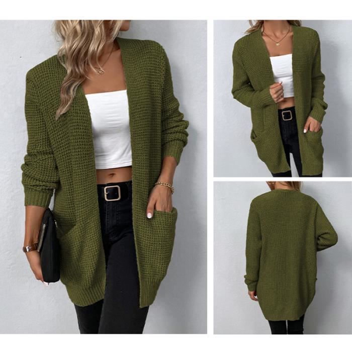 Cardigan Tricot Femme Mi-Long Ouvert Devant - Pull Chaud Confortable Couleur Unie Manteau Tricot