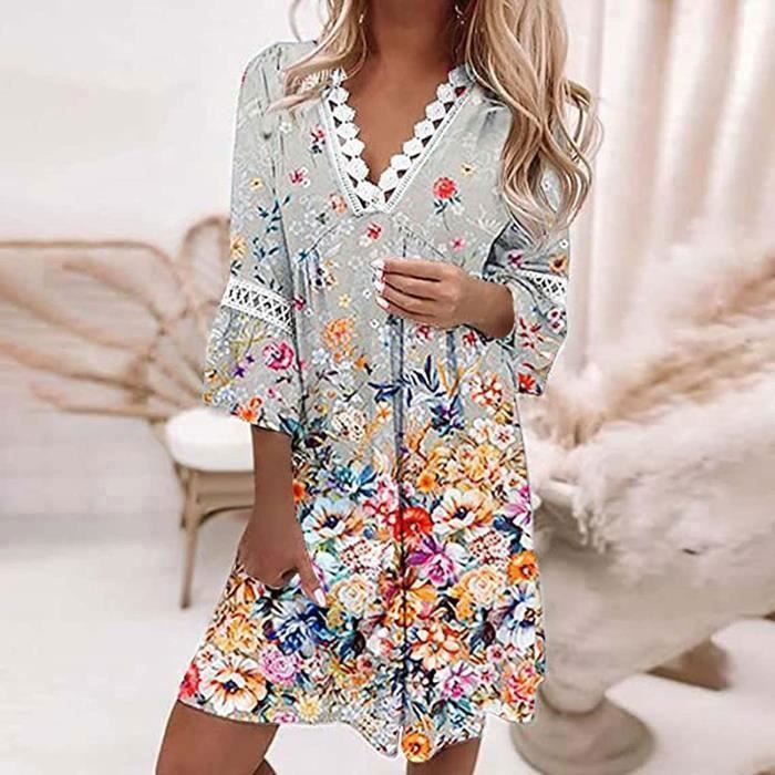 Femme Robe de Villegiature Imprimee a Empiecements en Dentelle Col V Manches Courtes Casual Robes de Plage Courte Gris Gris Cdiscount Pret a Porter