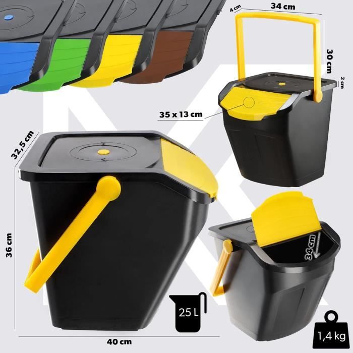 KADAX Kit Tri Sélectif 4x12L - Poubelles Avec Couvercles Étanches Colorés - Blanc Robuste Pour Cuisine & Bureau
