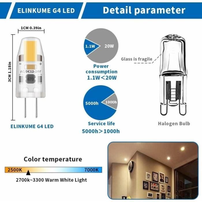 Lot De 4 Ampoules LED G4 2W - Blanc Chaud 2700K, équivalent 20W Halogène, 12V