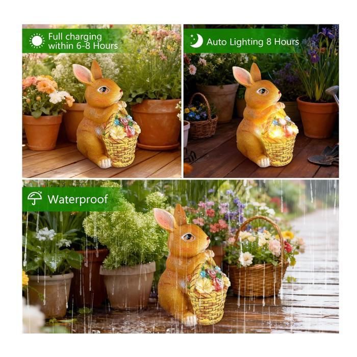 Statue Solaire de Lapin Ornament Outdoor, Figurine d'animal de Jardin avec Lumière Solaire