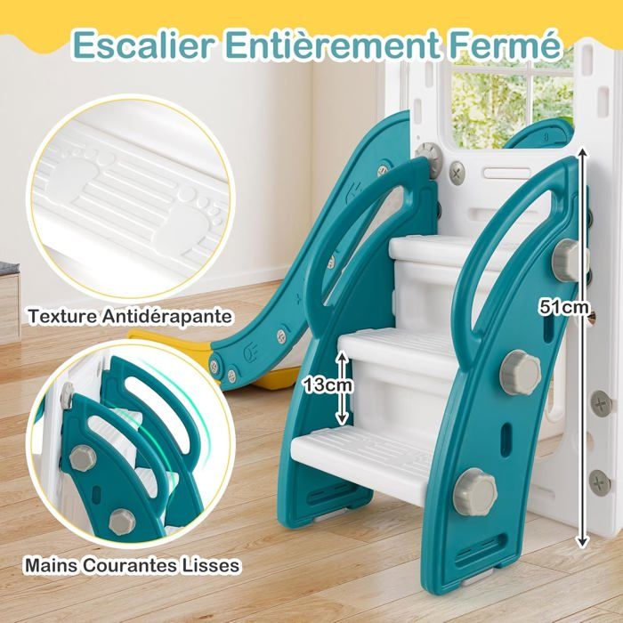 Toboggan Intérieur 7 En 1 Pour Enfants 1-3 Ans - Avec Balançoire, Panier De Basket, échelle, Rangement (couleur Vert/jaune)