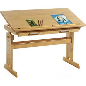 BUREAU  Bureau enfant écolier junior OLIVIA table à dessin réglable en hauteur et pupitre inclinable avec 2 tiroirs en pin massif hêtre