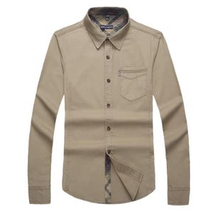 CHEMISE - CHEMISETTE chemise homme manche longue slim en coton Mode D'automne poche unique Vêtement Masculin,Kaki