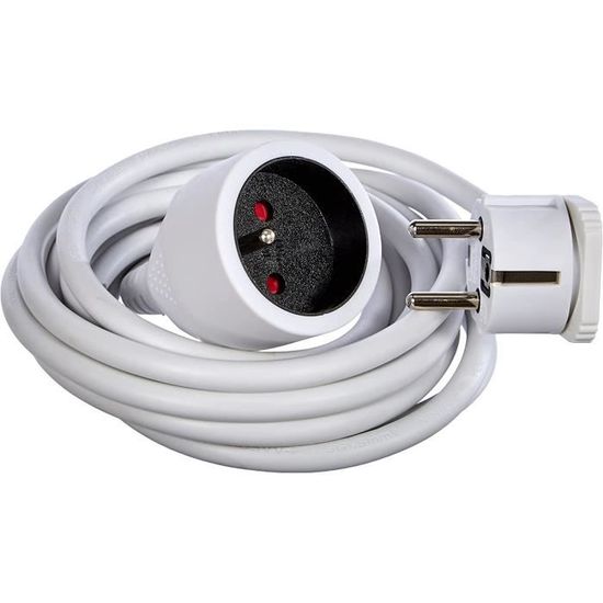 Rallonge électrique Velamp PRO10A-FR-2, 2 Mètres - Fiche Extra Plate 6A, Câble 2x0.75 Mm², Blanc - Certifiée NF - 8