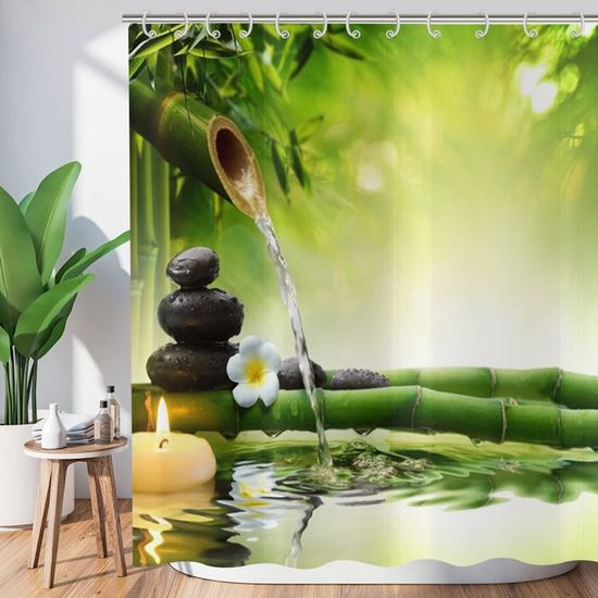 Rideau De Douche Zen Jardin - 180x200cm - Bambou Vert Pierre Noire - Étanche Lavable