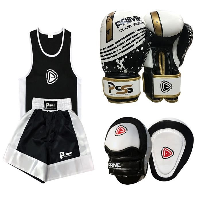 UNIFORME DE BOXE POUR ENFANTS AVEC LA TENUE (HAUT + SHORT) 9-10 ANS, LA PAIRE DE GANT TAILLE :6oz ET 2 PATTES D’OURS – BLANC