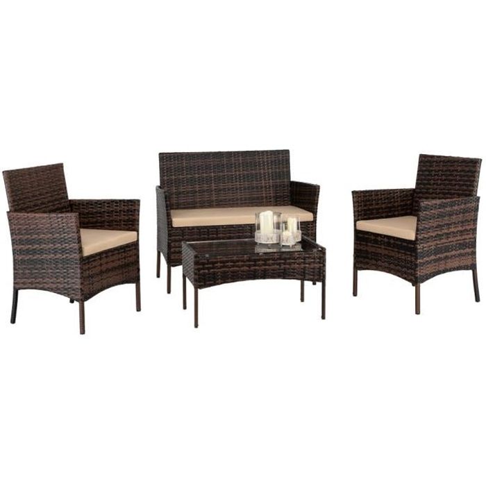 Salon Bas de Jardin en Résine Rotin 1 Canapé + 2 Fauteuil + 1 Table Basse - 4 Places - Marron