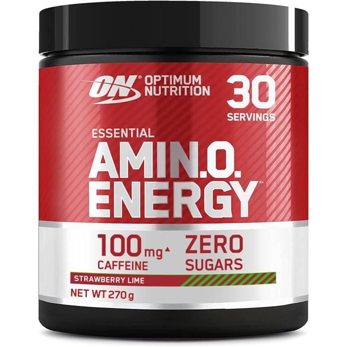 amino energy, pre workout en poudre, energy drink avec bêta-alanine, vitamine c, caféine et acides aminés, saveur fraise citr