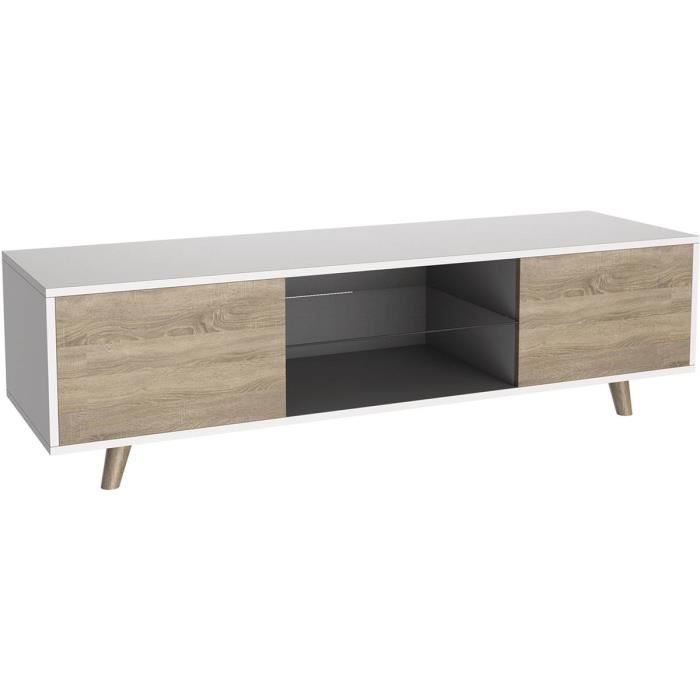 Meuble TV LED -Inna- - Blanc/Chêne