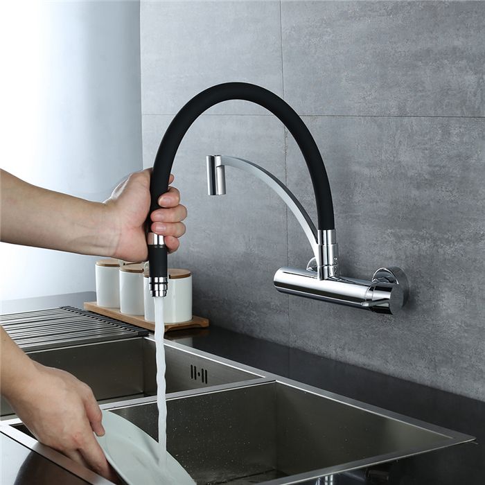 Mitigeur Robinet Cuisine Mural Robinet d'évier Rotatif 180° Flexible Noir Tuyau en Silicone Mitigeur en Laiton Design Moderne