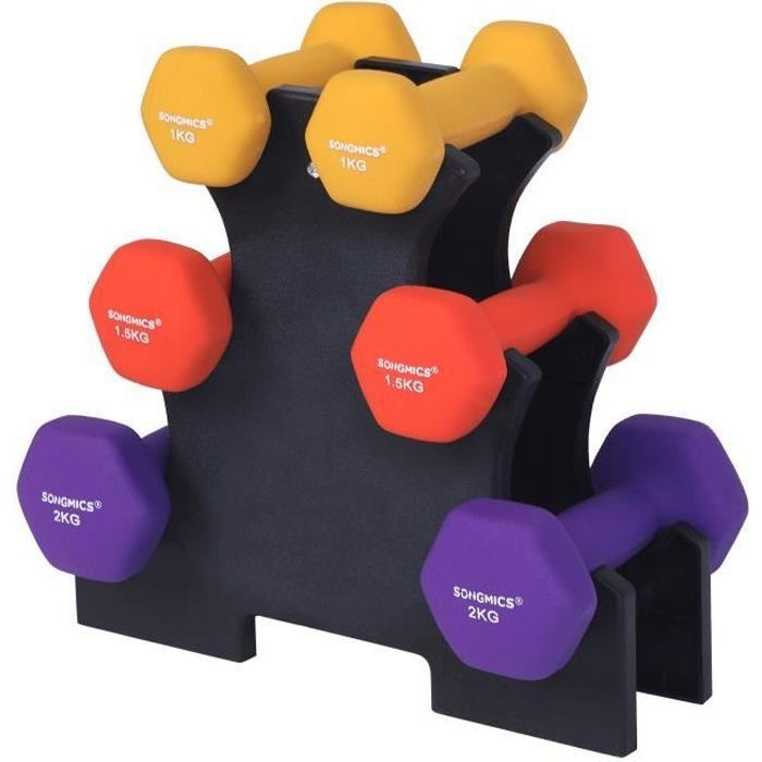 SONGMICS Set haltère, 3 Paires, 2 x 1 kg, 2 x 1.5 kg, 2 x 2 kg, Support de Rangement, Revêtement en vinyle antiglisse, SYL69BK