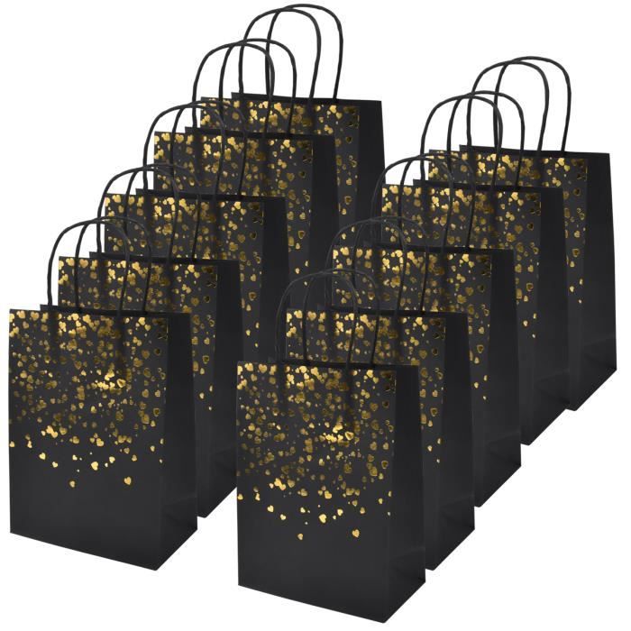 Lot de 12 Sac de Kraft - Sac Cadeau en Papier - Pochettes Cadeaux Recyclable pour Anniversaire Mariage Noël Fête (Noir)