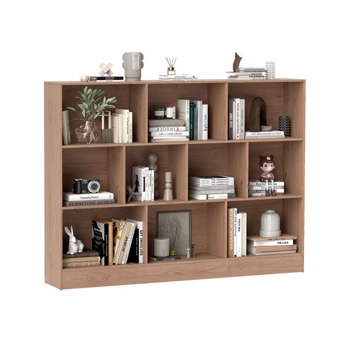 Bibliothèque de Rangement à 3 Niveaux COSTWAY-140 x 24 x 104 CM-10 Cubes Ouverts-Kit Anti-Basculement-Capacité Max 170 KG-Naturel