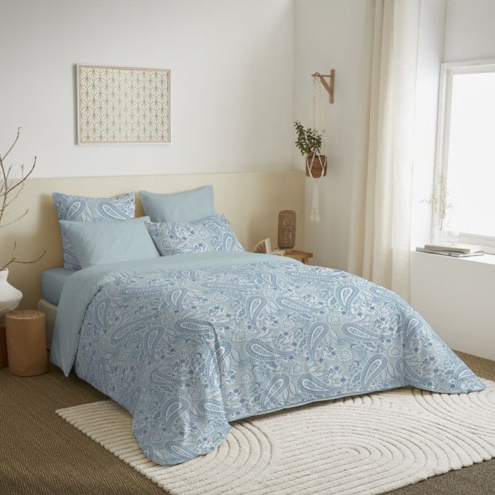 Pack complet housse de couette - Cachemire bleu - 240 x 220 cm - 100% coton - 6 pièces - Lavable en machine